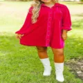 Detailed shot of women vibrant pink velvet oversized button down shirt dress outdoor view - S / Rose Red