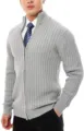 Men's Grey Full-Zip Ribbed Knit Cardigan Sweater with Stand Collar and Long Sleeves - M / Gray