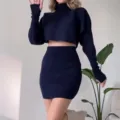 Navy blue ribbed knit crop turtleneck sweater and high waist mini skirt two piece set. - XS / Blue