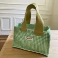Green checkered canvas mini handbag versatile portable tote bag for daily casual travel use - Green Plaid Style