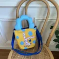 Borsa a secchiello in tela a pois con manico a nuvola e illustrazione animale carina. - Stile Coniglio Maculato / Giallo brillante