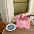 Pink canvas tote bag with 3D fabric roses, cute mini handbag for casual daily shopping use. - Three-Dimensional Pink Flower Style