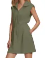 Olive green sleeveless zip-up mini dress with collar and pockets for casual summer wear. - Army Green