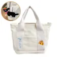 Cute canvas tote bag with pizza embroidery and funny black cat plush pendant for daily use. - Pizza Style / With Black Doll Charm
