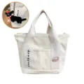Canvas tote bag with cute donut embroidery, zipper compartment and casual bento lunch design. - Donut / With Black Doll Charm