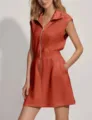 Sleeveless rust orange zip dress elegant mini dress with pockets fashion women apparel - Brick Red