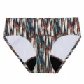 Detailed view of women printed bikini bottoms, colorful leaf pattern, stretch swim briefs. - XS / Camouflage