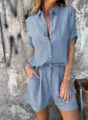 Ensemble chemise et short à manches courtes en lin gris bleu pour femme, été casual. - S / Bleu