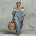 Μaxί φόρεμα με ριγέ σχέδιο, rixτες ώμους, casual style για διακοπές και καλοκαιρινές εξόδους. - S / Πετρόλ