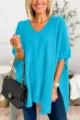 Γυναικείο Πόντσο Πουλόβερ V-Neck Χαλαρό Πλεκτό Casual Μανίκι Νυχτερίδα Μπλε Ρουα - Μπλε της Λίμνης