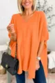 Gebreide tricot poncho met V-hals voor dames, stijlvolle herfst casual vleermuismouwtrui top. - M / Tops / Oranjerood