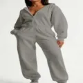 Vrouwen casual effen grijs rits capuchon jumpsuit lange mouw fleece romper huispak - donkergrijs