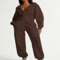 Detail shot of women's brown zip hooded jumpsuit casual activewear rompers piece outfit 90s - XS / Dark Brown