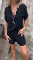 Ensemble décontracté pour femme chemise manches courtes et short noir été lin tenue deux pièces - S / Noir