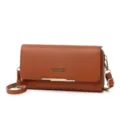 Brown women's double layer crossbody phone bag, casual leather shoulder wallet with strap - Brown