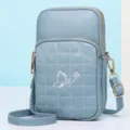 Blue leather crossbody phone bag with cute butterfly embroidery, dual zippers, and strap. - Blue