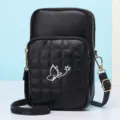 Black quilted mini crossbody phone bag with embroidered butterfly, PU leather, vertical. - Black