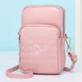 Pink crossbody phone bag, cute vertical PU leather shoulder bag with cute butterfly embroidery. - Pink