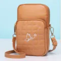 Brown mini crossbody phone bag with cute butterfly embroidery and dual zipper compartments. - Brown
