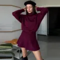 Women knit sweater and skirt set winter casual long sleeve turtleneck pullover two piece outfit - XS / Set / Burgundy