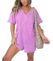 Women vintage wash V-neck short sleeve romper casual pocket jumpsuit detailed view for summer wear - S / Rose Red