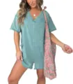 Women's V-Neck Casual Mineral Wash Short Sleeve Romper Plus Size Summer Fashion Jumpsuit - S / Lake Blue