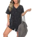 Plus size vintage washed V-neck short romper for women casual summer streetwear fashion outfit. - S / Black