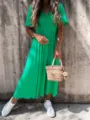 Women Summer V-Neck Short Sleeve Solid Casual Midi Dress Fashion Streetwear Outfit - S / Gray