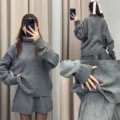 Grey turtleneck sweater and pleated skirt set for women, cozy casual knit outfit. - XS / Set / Gray