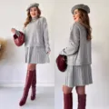 Grey turtleneck knitted sweater and pleated skirt set for women, casual autumn outfit variant. - XS / Set / Light Gray