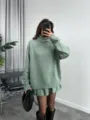 Green turtleneck sweater and pleated skirt set, casual loose knit outfit for women. - XS / Set / Light Green