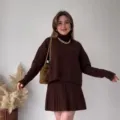Brown turtleneck knit sweater and pleated skirt set casual autumn outfit for women - XS / Set / Chestnut