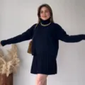 Women's turtleneck knit sweater and pleated skirt matching set, casual solid color loose autumn outfit. - XS / Set / Navy Blue