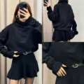 Black turtleneck sweater and pleated skirt set for women, stylish knitwear outfit. - XS / Set / Black