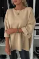 Maglione in maglia beige da donna, girocollo, mezze maniche, stile casual ed elegante. - Taglia S / Kaki
