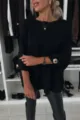 Colore unito girocollo mezza manica maglia top casual donna moda elegante quotidiano nero - Nero