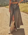 Bohemian distressed denim maxi skirt with front slit and buttons for women summer. - S / Black