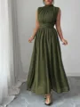 Abito lungo elegante estivo senza maniche arricciato verde oliva casual vacanza chic - Taglia S / Verde militare