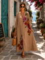 Μάξι boho φόρεμα με φλοράλ τύπωμα, γιακά πουκαμίσου, κουμπιά εμπρός και μακριά μανίκια. - S / Καφέ