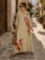Λεπτομερής όψη του vintage boho μάξι φορέματος με σχέδιο με κουμπιά και floral print. - S / Σκούρο Χακί