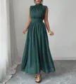 Abito lungo verde scuro smanicato con collo alto plissettato elegante vacanze estive donna - Verde Scuro