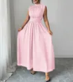 Elegante abito lungo estivo rosa senza maniche da donna, stile resort chic nuovo ora. - Rosa