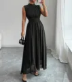 Elegante abito lungo nero senza maniche da donna estate casual vacanza chic plissettato. - Taglia S / Nero
