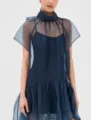 Dark blue sheer organza layered mini dress detail, elegant high neck fashion design. - XS / Blue