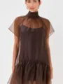 Brown sheer high neck chiffon short dress detail, elegant summer women fashion style. - XS / Brown