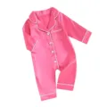 Pink silk satin baby onesie long sleeve pajamas toddler sleepwear cute variant option. - 6-12M / Rose Red