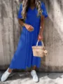 Elegant royal blue short sleeve V-neck midi dress for women, stylish summer casual wear. - S / Blue