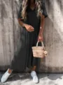Elegant solid color short sleeve maxi dress with v-neck design for casual daily wear. - S / Black