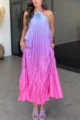 Women's Sexy Halter Strap Sleeveless Maxi Dress Gradient Pleated Rainbow Long Dress - S / Pink