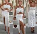 Sexy polka dot halter crop top and split midi skirt two-piece set for women spring summer. - XS / White